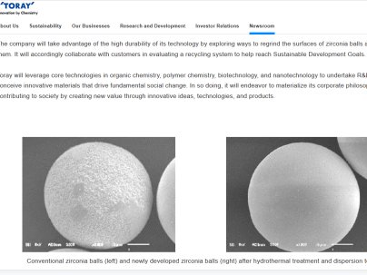 日本东丽宣布已经开发出世界上首个无稀土氧化锆球的大规模生产技术