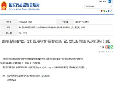 国家药监局发布《应用纳米材料的医疗器械产品分类界定指导原则（征求意见稿）》意见